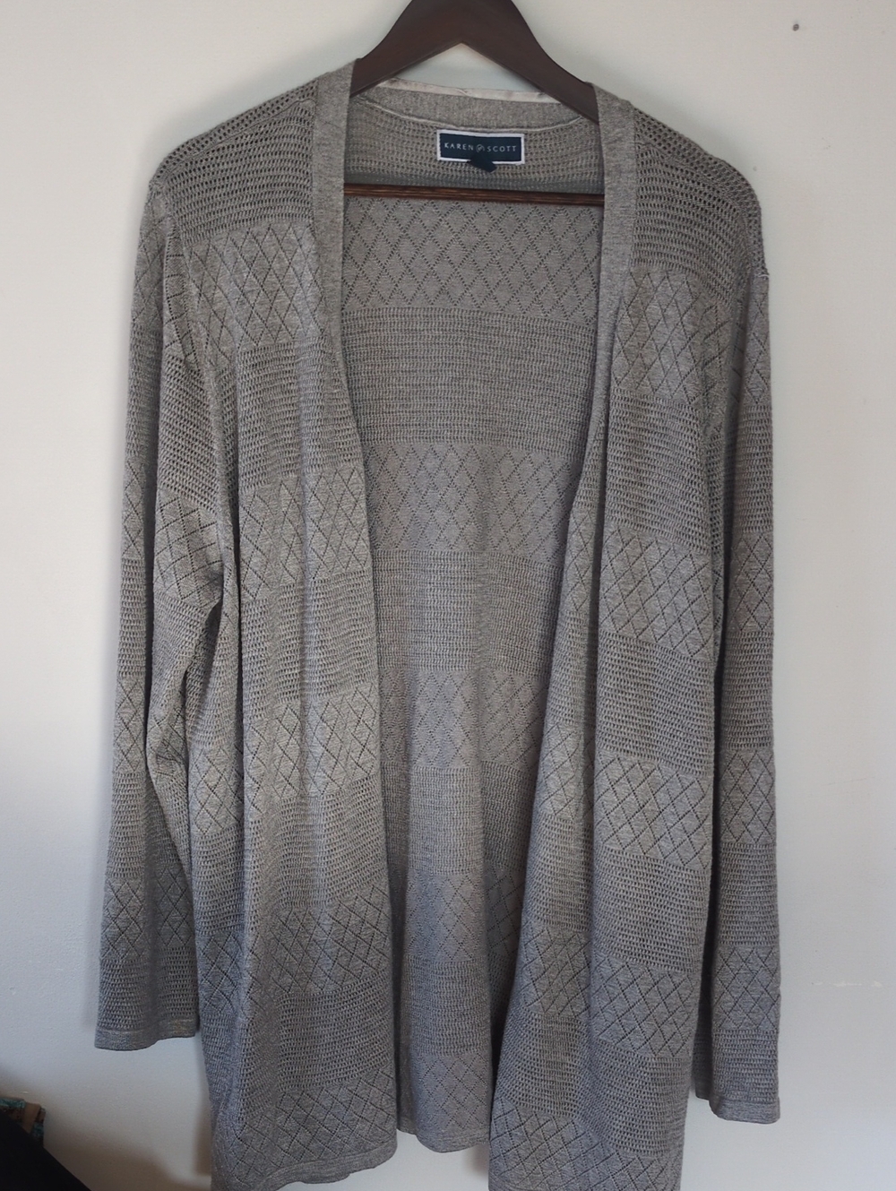 Karen Scott Gray Open-Front Diamond Knit Cardigan